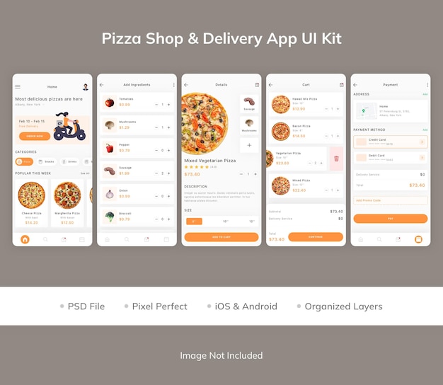 PSD kit interfaccia utente dell'app pizzeria e consegna