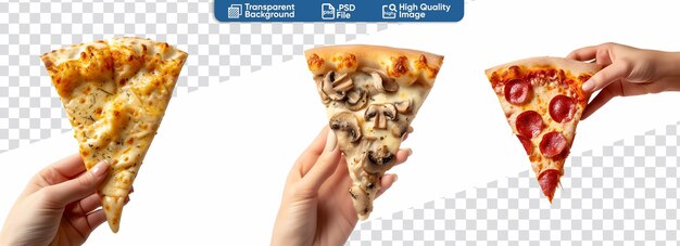 Pizza slice trio mushroom four cheese pepperoni handheld for pizzeria ads amp social media