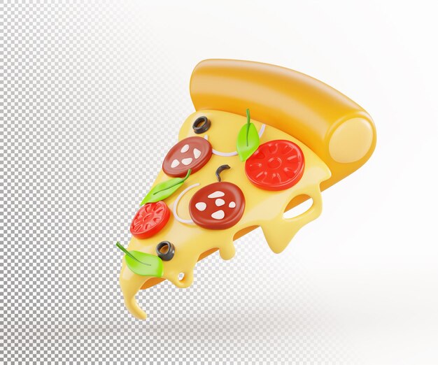 Fetta di pizza con formaggio fuso fluido e foglie di basilico icona di rendering 3d snack alimentare italiano margherita o peperoni per menu con salsiccia di pomodoro, olive e cheddar piccante o parmigiano