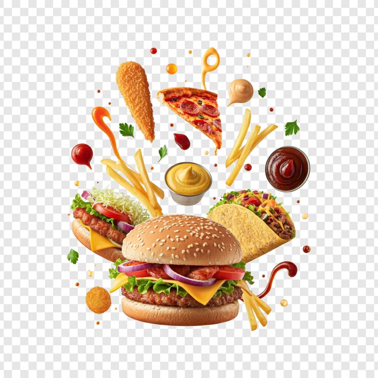 PSD ピザのスライスとハンバーガーが 辛辛料と食べ物で丸められた 隔離された透明な背景に浮かんでいます