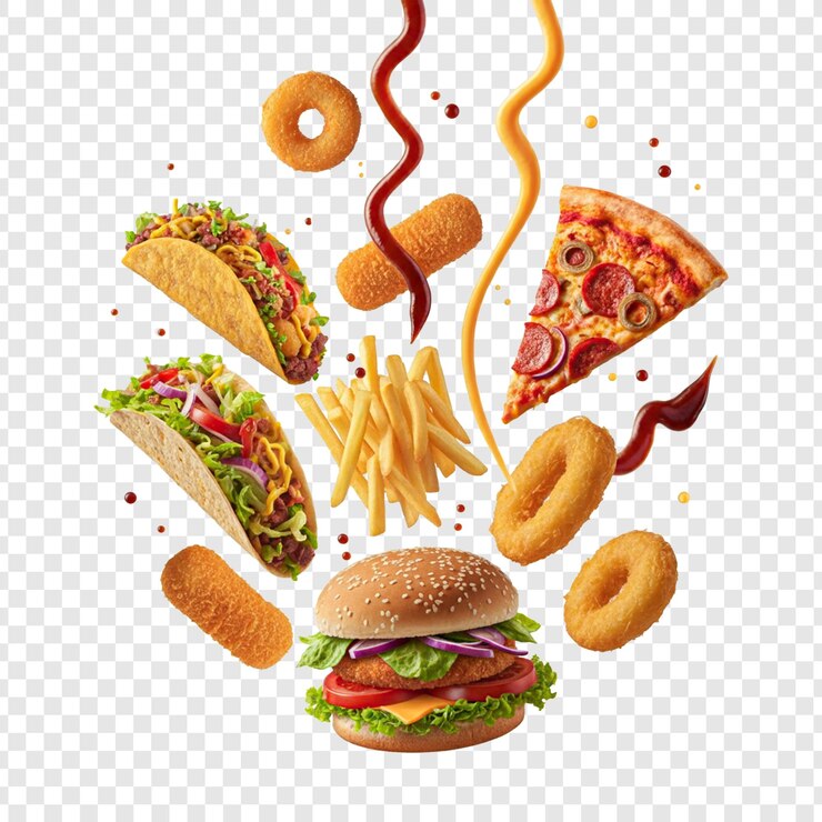 PSD ピザのスライスとハンバーガーが 辛辛料と食べ物で丸められた 隔離された透明な背景に浮かんでいます