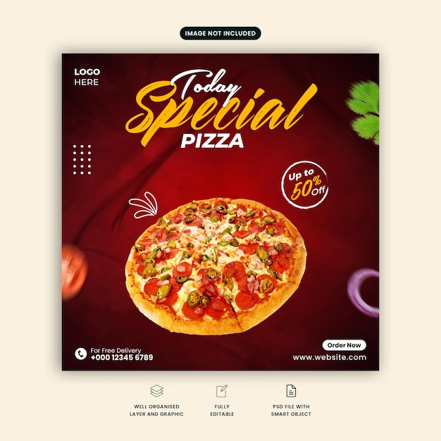 Pizza social media post. special pizza social media banner. delicious food template with red background. delicious food flyer. premium pizza ad. coriander leaf, onion slice, tomato slice falling.