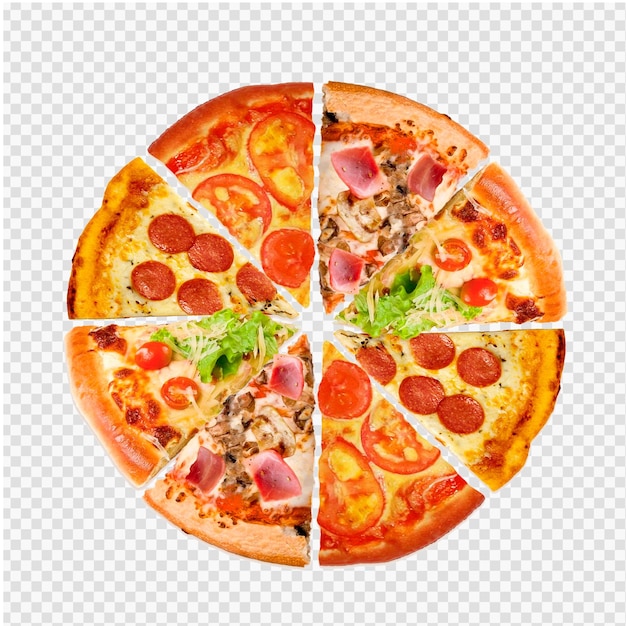 a pizza with different toppings on it and the bottom right corner image