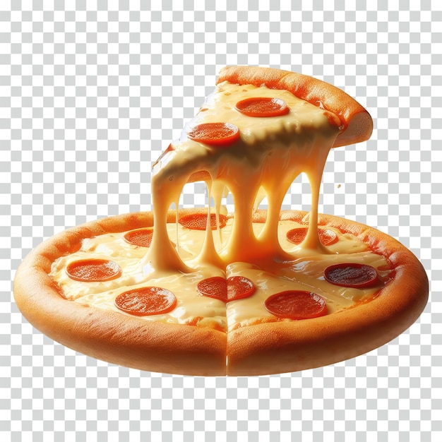 Pizza with a floating single slice with melted cheese transparent background
