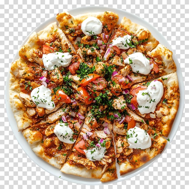 пицца с мясным сыром и овощами на ней