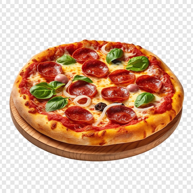 a pizza with pepperoni and basil on it sits on a wooden tray