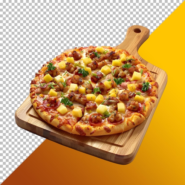 PSD pizza with pineapple and ham on a wooden board isolated on transparent background