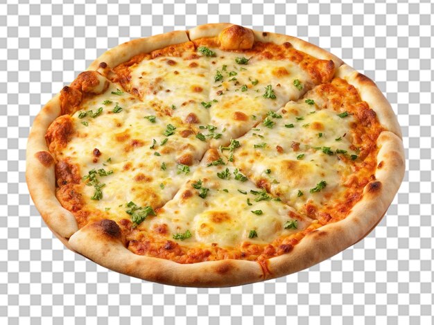 Pizza with red sauce and basil leaves on transparent background