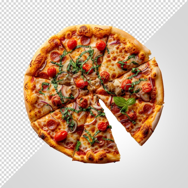 PSD a pizza with a slice cut out of it that has the letter a on it