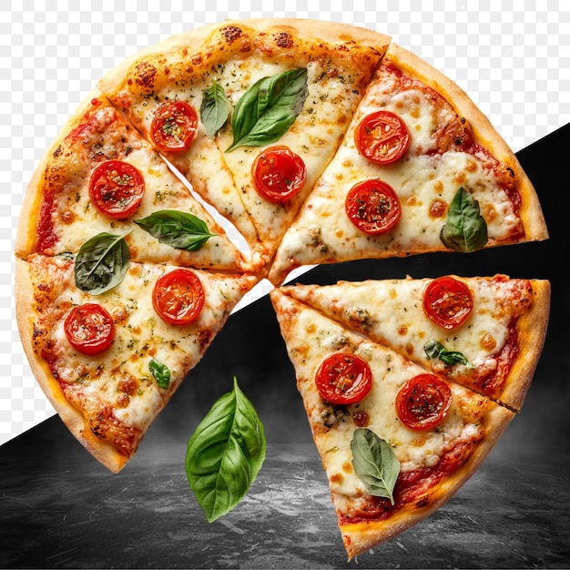 a pizza with a slice missing from it that has the word pizza on it