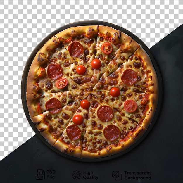 Una pizza con pomodori e olive su di essa isolata su uno sfondo trasparente