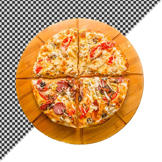 pizza z drewnianą krawędzią i czarno-białym szafkowym obrusem