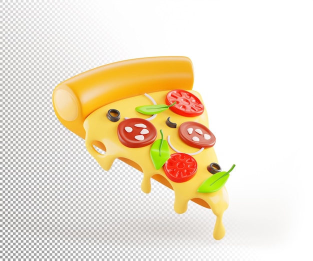 Pizza z roztopionym serem 3D ikonka renderowania kawałek włoskiego jedzenia z zielonymi liśćmi bazylii pomidora salami oliwki i gorących roztopionych kropli sera izolowane na białym tle