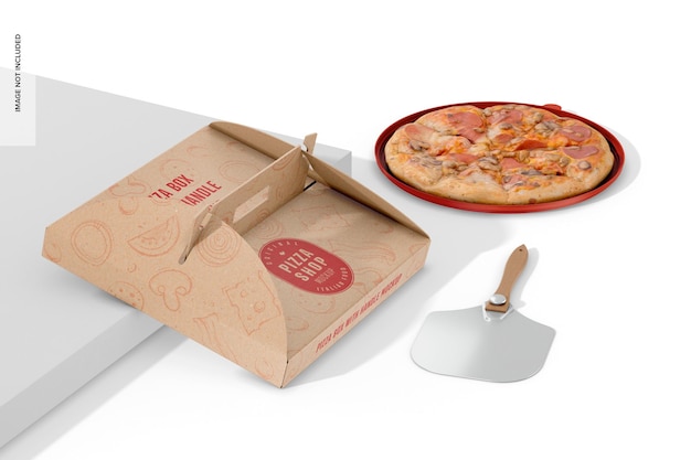 Pizzadoos met handvat mockup met pizza