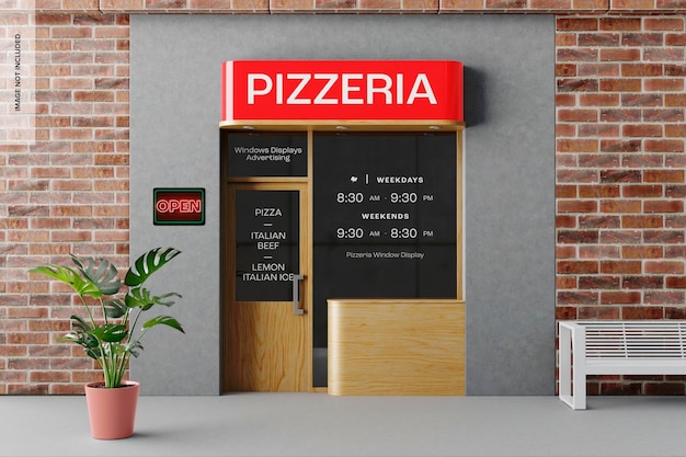 Pizzeria window display mockup, front view