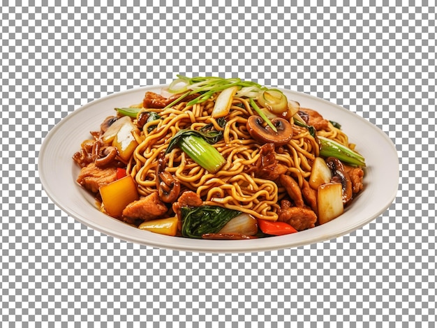 Plaat met Chinese noedels met kip en groenten op een doorzichtige achtergrond