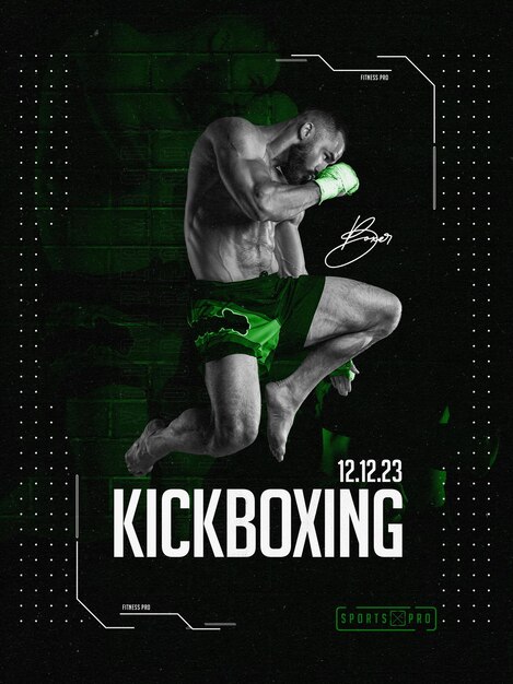 PSD plakat do kickboxingu z mężczyzną w kolorze zielono-czarnym