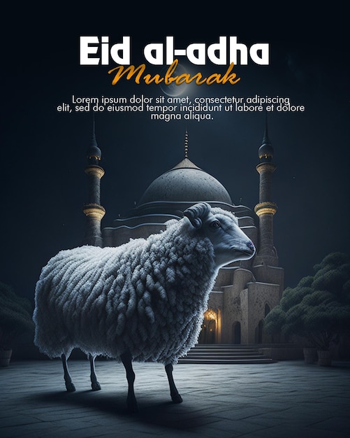 Plakat Eid al Adha z owcą przed meczetem