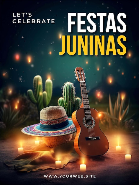 Plakat Festa Junina Z Gitarą I Kapeluszem