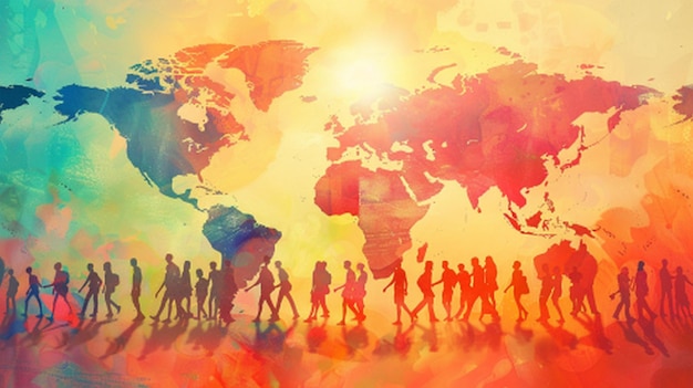PSD plakat grupy ludzi idących po pustyni z mapą świata na tle