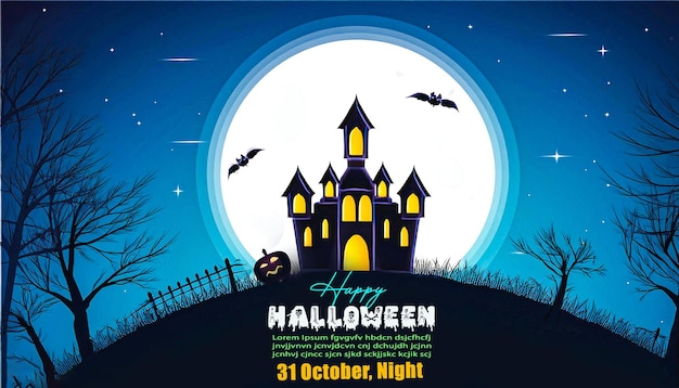 plakat halloweenowy na halloween z zamkiem na szczycie