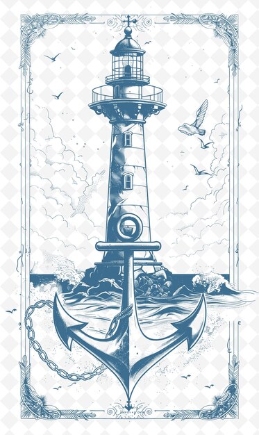 PSD plakat latarni morskiej z ptakami latającymi wokół niej