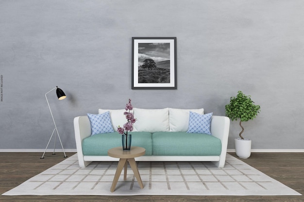 Plakat makiety w nowoczesnym stylu salonu z pustą ścianą