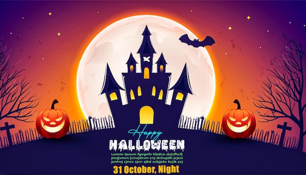 plakat na Halloween z zamkiem na górze i księżycem na tle