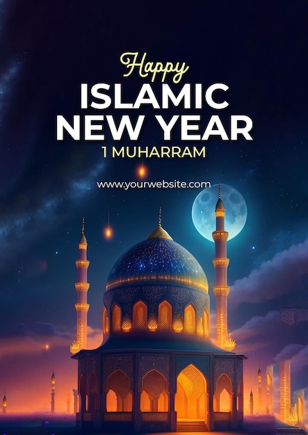 Plakat na islamski Nowy Rok z zdjęciem pięknego tła meczetu