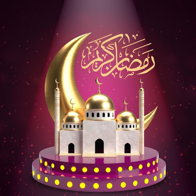Plakat na miesiąc ramadan z meczetem i księżycem.