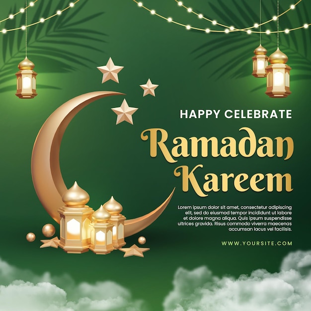 Plakat na ramadan kareem z zielonym tłem i światłami oraz sztandar na ramadan.