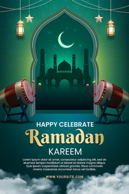 Plakat na ramadan z latarnią i słowami szczęśliwy świętują ramadan.