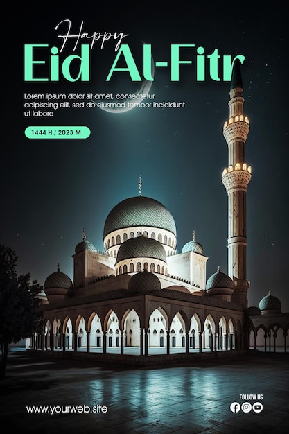 Plakat powitalny Eid alFitr z meczetem i księżycem w tle