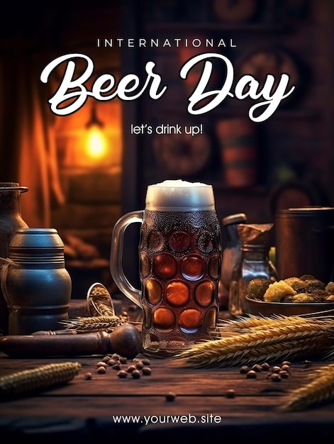 PSD plakat powitalny międzynarodowego dnia piwa ze szklanką piwa w tle