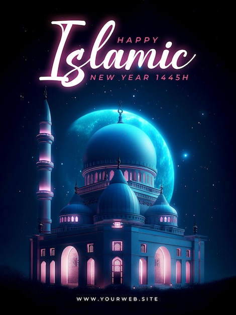 Plakat Powitalny Szczęśliwego Islamskiego Nowego Roku Z Meczetem I Nocnym Niebem