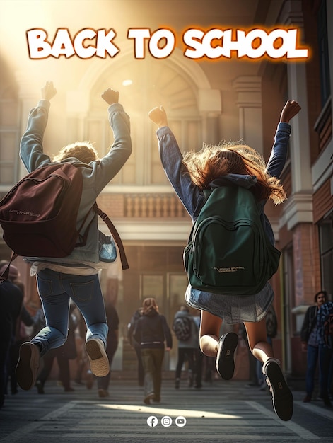 PSD plakat powrót do szkoły uczeń kreskówka skoki z torbą z powrotem do widoku z tyłu szkoły