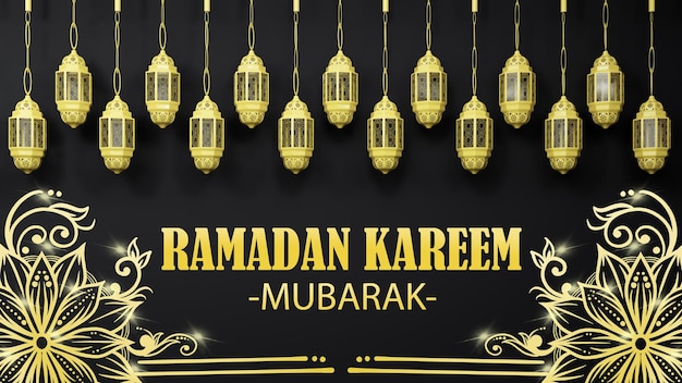PSD plakat ramadan kareem ze złotym tekstem i złotą ramą.