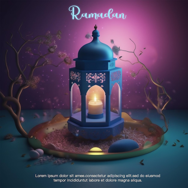 Plakat Ramadanu Z Niebieską Latarnią I Drzewem W Tle.