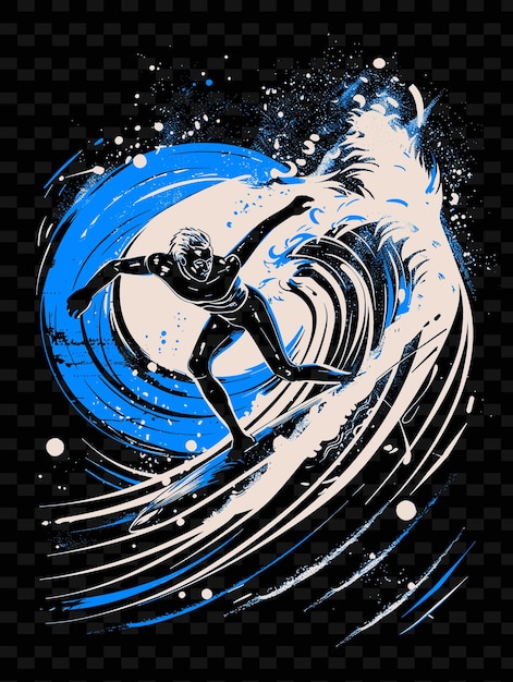 PSD plakat surfera z niebieską falą i słowami 