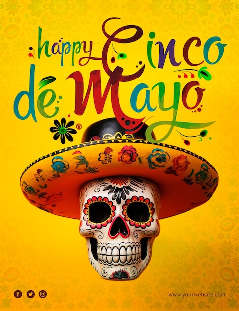 PSD plakat świąteczny cinco de mayo z meksykańską czaszką w kapeluszu