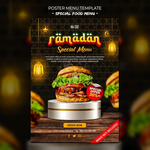 Plakat Szablon Ramadan Specjalne Menu Burger Z Islamskim Tłem Podium