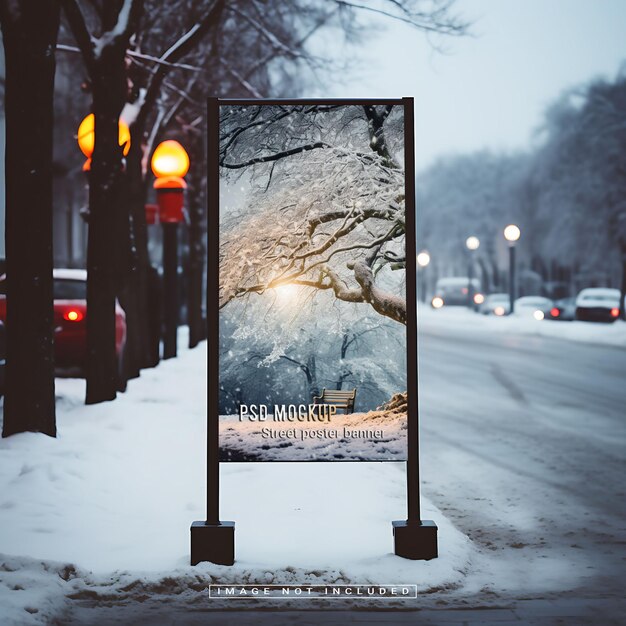 PSD plakat uliczny z makietą śniegu w tle