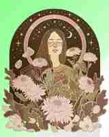 PSD plakat z kobietą w księżycu i kwiatami