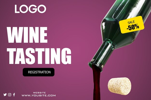 PSD plakat z napisem „degustacja wina online”.