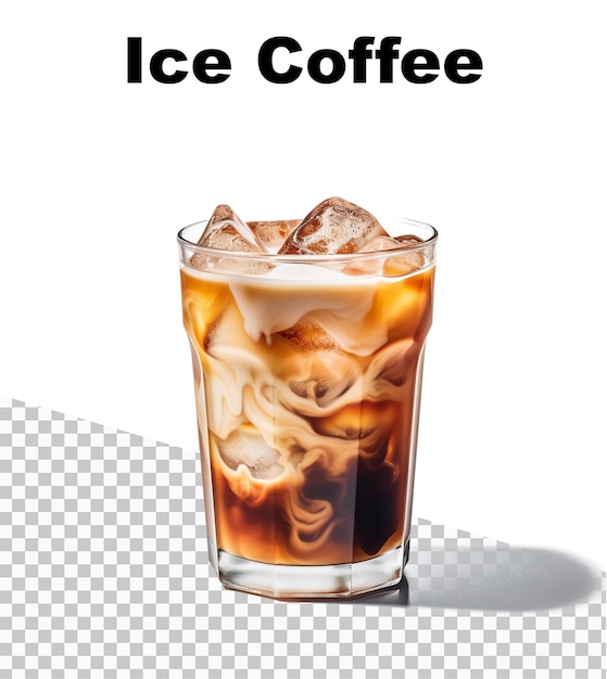 Plakat z pyszną mrożoną kawą i napisem Ice coffee na górze