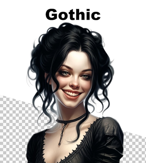 Plakat z uśmiechniętą gotycką kobietą i napisem Gothic