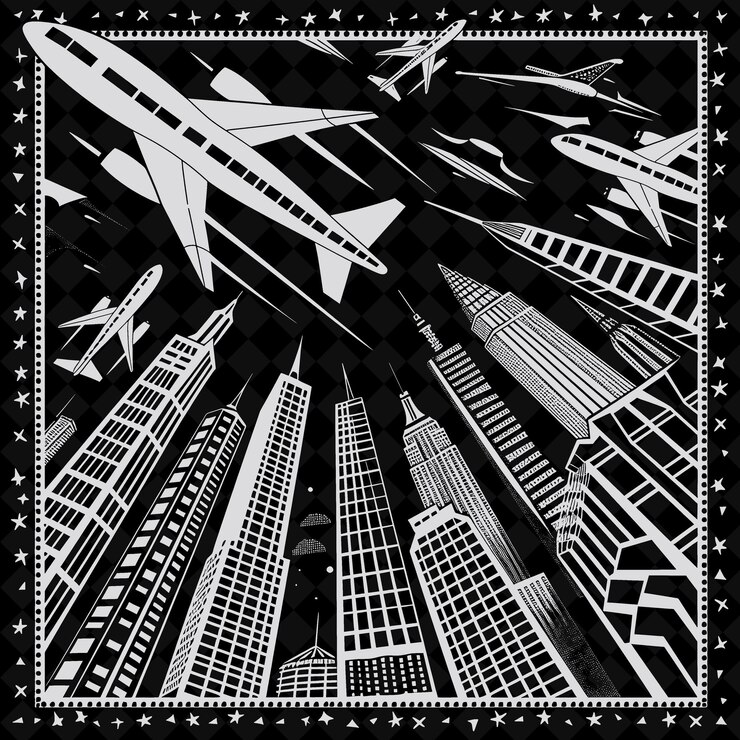 PSD a plane is flying over a building with a picture of a plane