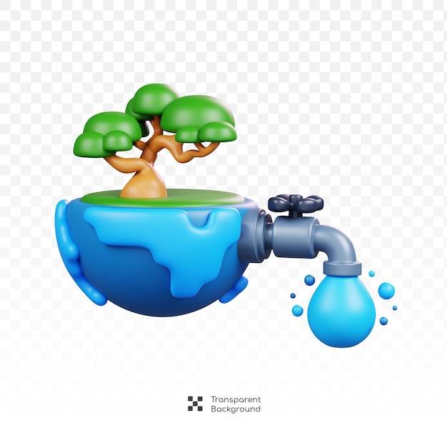 PSD pianeta terra e albero con rubinetto goccia d'acqua isolata icona della giornata mondiale dell'acqua 3d render stile cartone animato