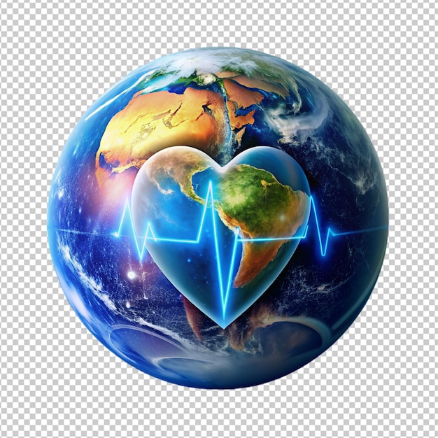 Planet earth with earth heart beats on transparent background