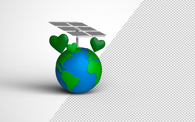 Planet earth with solar plate collector to supply the  world  and green hearts3d render